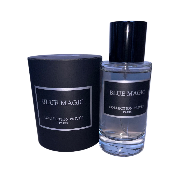 Flacon d'Eau de Parfum Blue Magic 50ml de la Collection Privée Paris, fragrance envoûtante avec des notes fraîches et aquatiques.