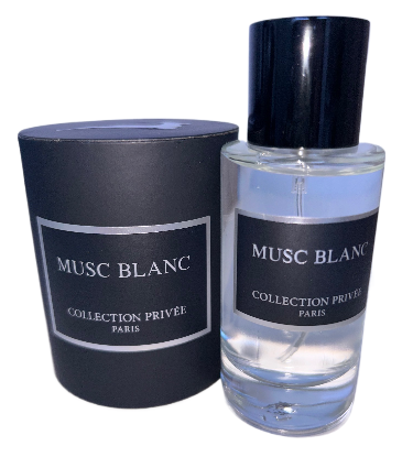 Flacon d'Eau de Parfum Musc Blanc 50ml de la Collection Privée Paris, parfum doux et raffiné aux notes poudrées et musquées.