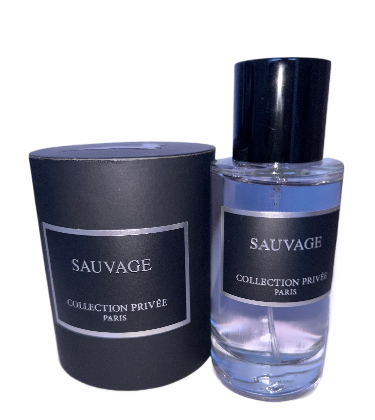 Flacon d'Eau de Parfum Sauvage 50ml de la Collection Privée Paris, parfum puissant et intemporel aux notes boisées et épicées.